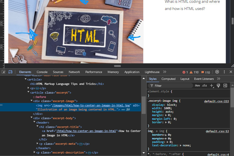 Source code of a website showing an image HTML tag.